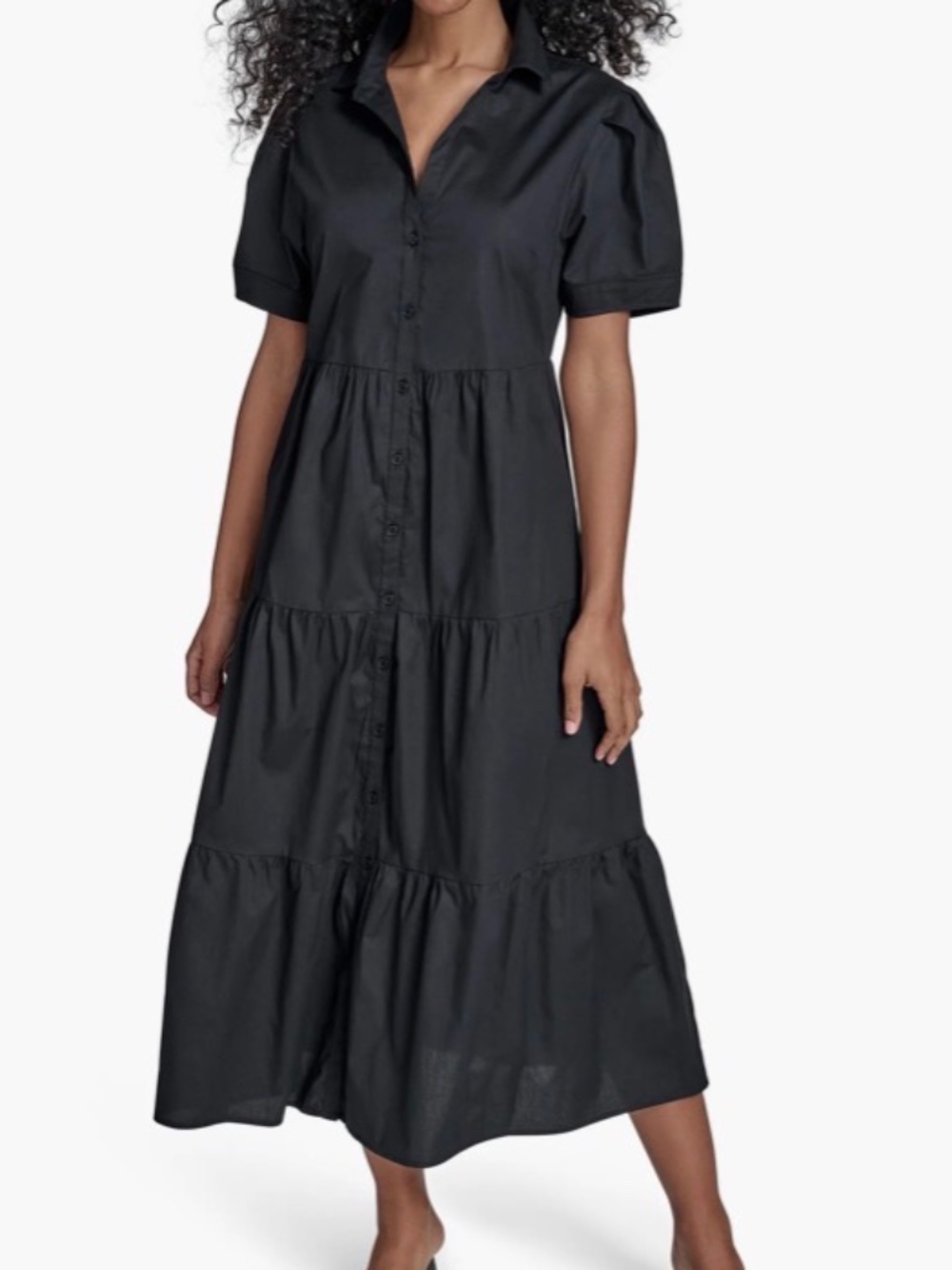 Calvin Klein Short Sleeve Cotton Tiered Button Up Maxi Dress
